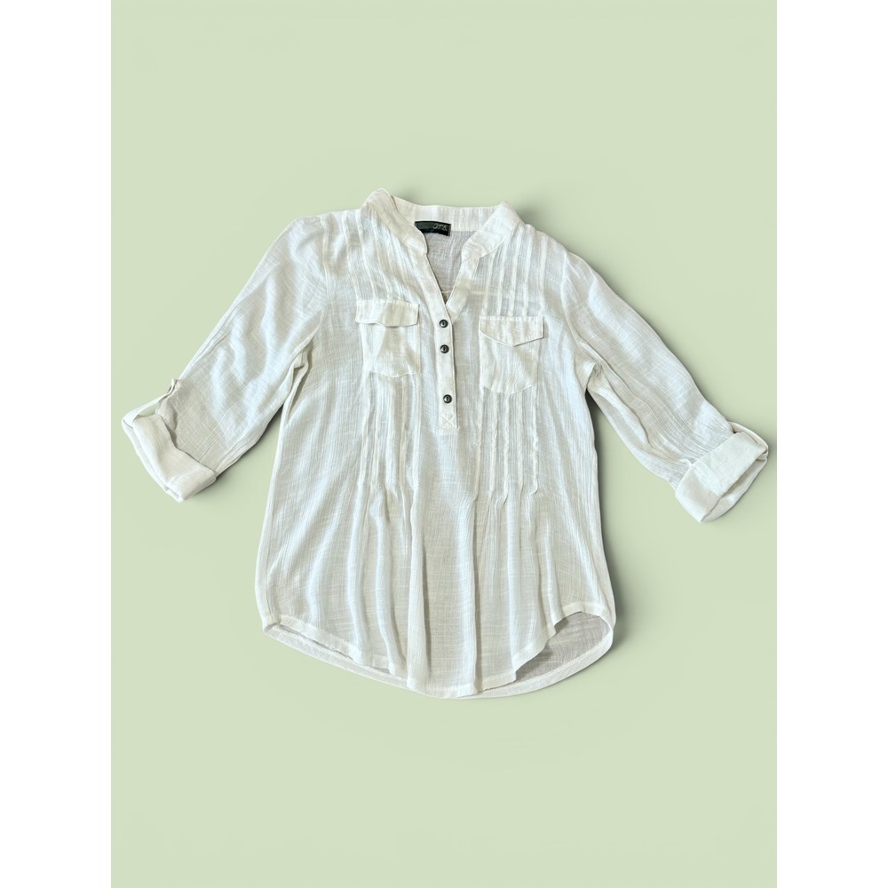 J.T.B. Ivory Gauze Pintuck Henley Blouse Roll Tab Sleeve Off White Top Small